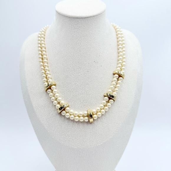 Vintage Monet Gold Tone accents and Faux Pearls Beads 2 Strand Necklace - Picture 1 of 8